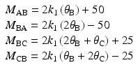 
$$ \begin{array}{l}{M}_{\mathrm{AB}}=2{k}_1\left({\theta}_{\mathrm{B}}\right)+50\\ {}{M}_{\mathrm{B}\mathrm{A}}=2{k}_1\left(2{\theta}_{\mathrm{B}}\right)-50\\ {}{M}_{\mathrm{B}\mathrm{C}}=2{k}_1\left(2{\theta}_{\mathrm{B}}+{\theta}_{\mathrm{C}}\right)+25\\ {}{M}_{\mathrm{C}\mathrm{B}}=2{k}_1\left({\theta}_{\mathrm{B}}+2{\theta}_{\mathrm{C}}\right)-25\end{array} $$
