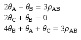 
$$ \begin{array}{l}2{\theta}_{\mathrm{A}}+{\theta}_{\mathrm{B}}=3{\rho}_{\mathrm{A}\mathrm{B}}\\ {}2{\theta}_{\mathrm{C}}+{\theta}_{\mathrm{B}}=0\\ {}4{\theta}_{\mathrm{B}}+{\theta}_{\mathrm{A}}+{\theta}_{\mathrm{C}}=3{\rho}_{\mathrm{A}\mathrm{B}}\end{array} $$
