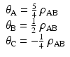 
$$ \begin{array}{l}{\theta}_{\mathrm{A}}=\frac{5}{4}\ {\rho}_{\mathrm{A}\mathrm{B}}\\ {}{\theta}_{\mathrm{B}}=\frac{1}{2}\ {\rho}_{\mathrm{A}\mathrm{B}}\\ {}{\theta}_{\mathrm{C}}=-\frac{1}{4}\ {\rho}_{\mathrm{A}\mathrm{B}}\end{array} $$
