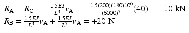 
$$ \begin{array}{l}{R}_{\mathrm{A}}={R}_{\mathrm{C}}=-\frac{1.5EI}{L^3}{v}_{\mathrm{A}}=-\frac{1.5(200)(180){10}^6}{(6000)^3}(40)=-10\;\mathrm{k}\mathrm{N}\\ {}{R}_{\mathrm{B}}=\frac{1.5EI}{L^3}{v}_{\mathrm{A}}+\frac{1.5EI}{L^3}{v}_{\mathrm{A}}=+20\;\mathrm{N}\end{array} $$
