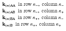 $$ \begin{array}{l}{\mathbf{k}}_{(m)\mathrm{AA}}\kern0.5em \mathrm{in}\;\mathrm{row}\;{n}_{-},\;\mathrm{column}\;{n}_{-}\\ {}{\mathbf{k}}_{(m)\mathrm{AB}}\kern0.5em \mathrm{in}\;\mathrm{row}\;{n}_{-},\;\mathrm{column}\;{n}_{+}\\ {}{\mathbf{k}}_{(m)\mathrm{B}\mathrm{A}}\kern0.5em \mathrm{in}\;\mathrm{row}\;{n}_{+},\;\mathrm{column}\;{n}_{-}\\ {}{\mathbf{k}}_{(m)\mathrm{B}}\kern0.5em \mathrm{in}\;\mathrm{row}\;{n}_{+},\;\mathrm{column}\;{n}_{+}\end{array} $$