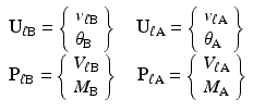 $$ \begin{array}{l}{\mathbf{U}}_{\ell \mathrm{B}}=\left\{\begin{array}{l}{v}_{\ell \mathrm{B}}\\ {}{\theta}_{\mathrm{B}}\end{array}\right\}\kern1em {\mathbf{U}}_{\ell \mathrm{A}}=\left\{\begin{array}{l}{v}_{\ell \mathrm{A}}\\ {}{\theta}_{\mathrm{A}}\end{array}\right\}\\ {}{\mathbf{P}}_{\ell \mathrm{B}}=\left\{\begin{array}{l}{V}_{\ell \mathrm{B}}\\ {}{M}_{\mathrm{B}}\end{array}\right\}\kern1em {\mathbf{P}}_{\ell \mathrm{A}}=\left\{\begin{array}{l}{V}_{\ell \mathrm{A}}\\ {}{M}_{\mathrm{A}}\end{array}\right\}\end{array} $$