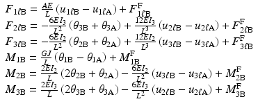 $$ \begin{array}{l}{F}_{1\ell \mathrm{B}}=\frac{AE}{L}\left({u}_{1\ell \mathrm{B}}-{u}_{1\ell \mathrm{A}}\right)+{F}_{1\ell \mathrm{B}}^{\mathrm{F}}\\ {}{F}_{2\ell \mathrm{B}}=-\frac{6E{I}_3}{L^2}\left({\theta}_{3\mathrm{B}}+{\theta}_{3\mathrm{A}}\right)+\frac{12E{I}_3}{L^3}\left({u}_{2\ell \mathrm{B}}-{u}_{2\ell \mathrm{A}}\right)+{F}_{2\ell \mathrm{B}}^{\mathrm{F}}\\ {}{F}_{3\ell \mathrm{B}}=-\frac{6E{I}_2}{L^2}\left({\theta}_{2\mathrm{B}}+{\theta}_{2\mathrm{A}}\right)+\frac{12E{I}_2}{L^3}\left({u}_{3\ell \mathrm{B}}-{u}_{3\ell \mathrm{A}}\right)+{F}_{3\ell \mathrm{B}}^{\mathrm{F}}\\ {}{M}_{1\mathrm{B}}=\frac{GJ}{L}\left({\theta}_{1\mathrm{B}}-{\theta}_{1\mathrm{A}}\right)+{M}_{1\mathrm{B}}^{\mathrm{F}}\\ {}{M}_{2\mathrm{B}}=\frac{2E{I}_2}{L}\left(2{\theta}_{2\mathrm{B}}+{\theta}_{2\mathrm{A}}\right)-\frac{6E{I}_2}{L^2}\left({u}_{3\ell \mathrm{B}}-{u}_{3\ell \mathrm{A}}\right)+{M}_{2\mathrm{B}}^{\mathrm{F}}\\ {}{M}_{3\mathrm{B}}=\frac{2E{I}_3}{L}\left(2{\theta}_{3\mathrm{B}}+{\theta}_{3\mathrm{A}}\right)-\frac{6E{I}_3}{L^2}\left({u}_{2\ell \mathrm{B}}-{u}_{2\ell \mathrm{A}}\right)+{M}_{3\mathrm{B}}^{\mathrm{F}}\end{array} $$