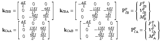 $$ \begin{array}{l}{\mathbf{k}}_{\ell \mathrm{B}\mathrm{B}}=\left[\begin{array}{ccc}\hfill \frac{AE}{L}\hfill & \hfill 0\hfill & \hfill 0\hfill \\ {}\hfill 0\hfill & \hfill \frac{12EI}{L^3}\hfill & \hfill -\frac{6EI}{L^2}\hfill \\ {}\hfill 0\hfill & \hfill -\frac{6EI}{L^2}\hfill & \hfill \frac{4EI}{L}\hfill \end{array}\right]\kern1em {\mathbf{k}}_{\ell \mathrm{B}\mathrm{A}}=\left[\begin{array}{ccc}\hfill -\frac{AE}{L}\hfill & \hfill 0\hfill & \hfill 0\hfill \\ {}\hfill 0\hfill & \hfill -\frac{12EI}{L^3}\hfill & \hfill -\frac{6EI}{L^2}\hfill \\ {}\hfill 0\hfill & \hfill \frac{6EI}{L^2}\hfill & \hfill \frac{2EI}{L}\hfill \end{array}\right]\kern1em {\mathbf{P}}_{\ell \mathrm{B}}^{\mathrm{F}}=\left\{\begin{array}{c}\hfill {F}_{\ell \mathrm{B}}^{\mathrm{F}}\hfill \\ {}\hfill {V}_{\ell \mathrm{B}}^{\mathrm{F}}\hfill \\ {}\hfill {M}_{\mathrm{B}}^{\mathrm{F}}\hfill \end{array}\right\}\hfill \\ {}{\mathbf{k}}_{\ell \mathrm{A}\mathrm{A}}=\left[\begin{array}{ccc}\hfill \frac{AE}{L}\hfill & \hfill 0\hfill & \hfill 0\hfill \\ {}\hfill 0\hfill & \hfill \frac{12EI}{L^3}\hfill & \hfill \frac{6EI}{L^2}\hfill \\ {}\hfill 0\hfill & \hfill \frac{6EI}{L^2}\hfill & \hfill \frac{4EI}{L}\hfill \end{array}\right]\kern2.75em {\mathbf{k}}_{\ell \mathrm{A}\mathrm{B}}=\left[\begin{array}{ccc}\hfill -\frac{AE}{L}\hfill & \hfill 0\hfill & \hfill 0\hfill \\ {}\hfill 0\hfill & \hfill -\frac{12EI}{L^3}\hfill & \hfill \frac{6EI}{L^2}\hfill \\ {}\hfill 0\hfill & \hfill -\frac{6EI}{L^2}\hfill & \hfill \frac{2EI}{L}\hfill \end{array}\right]\kern2.5em {\mathbf{P}}_{\ell \mathrm{A}}^{\mathrm{F}}=\left\{\begin{array}{c}\hfill {F}_{\ell \mathrm{A}}^{\mathrm{F}}\hfill \\ {}\hfill {V}_{\ell \mathrm{A}}^{\mathrm{F}}\hfill \\ {}\hfill {M}_{\mathrm{A}}^{\mathrm{F}}\hfill \end{array}\right\}\hfill \end{array} $$