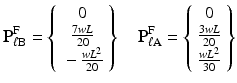 $$ {\mathbf{P}}_{\ell \mathrm{B}}^{\mathrm{F}}=\left\{\begin{array}{c}\hfill 0\hfill \\ {}\hfill \frac{7wL}{20}\hfill \\ {}\hfill -\frac{w{L}^2}{20}\hfill \end{array}\right\}\kern1em {\mathbf{P}}_{\ell \mathrm{A}}^{\mathrm{F}}=\left\{\begin{array}{c}\hfill 0\hfill \\ {}\hfill \frac{3wL}{20}\hfill \\ {}\hfill \frac{w{L}^2}{30}\hfill \end{array}\right\} $$