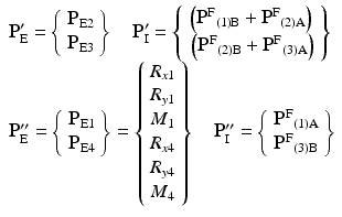 $$ \begin{array}{l}{\mathbf{P}}_{\mathrm{E}}^{\mathbf{\prime}}=\left\{\begin{array}{c}\hfill {\mathbf{P}}_{\mathrm{E}2}\hfill \\ {}\hfill {\mathbf{P}}_{\mathrm{E}3}\hfill \end{array}\right\}\kern1em {\mathbf{P}}_{\mathrm{I}}^{\mathbf{\prime}}=\left\{\begin{array}{c}\hfill \left({{\mathbf{P}}^{\mathrm{F}}}_{(1)\mathrm{B}}+{{\mathbf{P}}^{\mathrm{F}}}_{(2)\mathrm{A}}\right)\hfill \\ {}\hfill \left({{\mathbf{P}}^{\mathrm{F}}}_{(2)\mathrm{B}}+{{\mathbf{P}}^{\mathrm{F}}}_{(3)\mathrm{A}}\right)\hfill \end{array}\right\}\\ {}{\mathbf{P}}_{\mathrm{E}}^{\mathbf{{\prime\prime}}}=\left\{\begin{array}{c}\hfill {\mathbf{P}}_{\mathrm{E}1}\hfill \\ {}\hfill {\mathbf{P}}_{\mathrm{E}4}\hfill \end{array}\right\}=\left\{\begin{array}{c}\hfill {R}_{x1}\hfill \\ {}\hfill {R}_{y1}\hfill \\ {}\hfill {M}_1\hfill \\ {}\hfill {R}_{x4}\hfill \\ {}\hfill {R}_{y4}\hfill \\ {}\hfill {M}_4\hfill \end{array}\right\}\kern1em {\mathbf{P}}_{\mathrm{I}}^{\mathbf{{\prime\prime}}}=\left\{\begin{array}{c}\hfill {{\mathbf{P}}^{\mathrm{F}}}_{(1)\mathrm{A}}\hfill \\ {}\hfill {{\mathbf{P}}^{\mathrm{F}}}_{(3)\mathrm{B}}\hfill \end{array}\right\}\end{array} $$