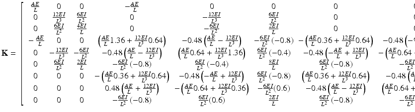 $$ \mathbf{K}=\begin{array}{l}\left[\begin{array}{ccccccccc}\hfill \frac{AE}{L}\hfill & \hfill 0\hfill & \hfill 0\hfill & \hfill -\frac{AE}{L}\hfill & \hfill 0\hfill & \hfill 0\hfill & \hfill 0\hfill & \hfill 0\hfill & \hfill 0\hfill \\ {}\hfill 0\hfill & \hfill \frac{12EI}{L^3}\hfill & \hfill \frac{6EI}{L^2}\hfill & \hfill 0\hfill & \hfill -\frac{12EI}{L^3}\hfill & \hfill \frac{6EI}{L^2}\hfill & \hfill 0\hfill & \hfill 0\hfill & \hfill 0\hfill \\ {}\hfill 0\hfill & \hfill \frac{6EI}{L^2}\hfill & \hfill \frac{4EI}{L}\hfill & \hfill 0\hfill & \hfill -\frac{6EI}{L^2}\hfill & \hfill \frac{2EI}{L}\hfill & \hfill 0\hfill & \hfill 0\hfill & \hfill 0\hfill \\ {}\hfill -\frac{AE}{L}\hfill & \hfill 0\hfill & \hfill 0\hfill & \hfill \left(\frac{AE}{L}1.36+\frac{12EI}{L^3}0.64\right)\hfill & \hfill -0.48\left(\frac{AE}{L}-\frac{12EI}{L^3}\right)\hfill & \hfill -\frac{6EI}{L^2}\left(-0.8\right)\hfill & \hfill -\left(\frac{AE}{L}0.36+\frac{12EI}{L^3}0.64\right)\hfill & \hfill -0.48\left(-\frac{AE}{L}+\frac{12EI}{L^3}\right)\hfill & \hfill -\frac{6EI}{L^2}\left(-0.8\right)\hfill \\ {}\hfill 0\hfill & \hfill -\frac{12EI}{L^3}\hfill & \hfill -\frac{6EI}{L^2}\hfill & \hfill -0.48\left(\frac{AE}{L}-\frac{12EI}{L^3}\right)\hfill & \hfill \left(\frac{AE}{L}0.64+\frac{12EI}{L^3}1.36\right)\hfill & \hfill \frac{6EI}{L^2}\left(-0.4\right)\hfill & \hfill -0.48\left(-\frac{AE}{L}+\frac{12EI}{L^3}\right)\hfill & \hfill -\left(\frac{AE}{L}0.64+\frac{12EI}{L^3}0.36\right)\hfill & \hfill \frac{6EI}{L^2}0.6\hfill \\ {}\hfill 0\hfill & \hfill \frac{6EI}{L^2}\hfill & \hfill \frac{2EI}{L}\hfill & \hfill -\frac{6EI}{L^2}\left(-0.8\right)\hfill & \hfill \frac{6EI}{L^2}\left(-0.4\right)\hfill & \hfill \frac{8EI}{L}\hfill & \hfill \frac{6EI}{L^2}\left(-0.8\right)\hfill & \hfill -\frac{6EI}{L^2}(0.6)\hfill & \hfill \frac{2EI}{L}\hfill \\ {}\hfill 0\hfill & \hfill 0\hfill & \hfill 0\hfill & \hfill -\left(\frac{AE}{L}0.36+\frac{12EI}{L^3}0.64\right)\hfill & \hfill -0.48\left(-\frac{AE}{L}+\frac{12EI}{L^3}\right)\hfill & \hfill \frac{6EI}{L^2}\left(-0.8\right)\hfill & \hfill \left(\frac{AE}{L}0.36+\frac{12EI}{L^3}0.64\right)\hfill & \hfill -0.48\left(\frac{AE}{L}-\frac{12EI}{L^3}\right)\hfill & \hfill \frac{6EI}{L^2}\left(-0.8\right)\hfill \\ {}\hfill 0\hfill & \hfill 0\hfill & \hfill 0\hfill & \hfill 0.48\left(\frac{AE}{L}+\frac{12EI}{L^3}\right)\hfill & \hfill -\left(\frac{AE}{L}0.64+\frac{12EI}{L^3}0.36\right)\hfill & \hfill -\frac{6EI}{L^2}(0.6)\hfill & \hfill -0.48\left(\frac{AE}{L}-\frac{12EI}{L^3}\right)\hfill & \hfill \left(\frac{AE}{L}0.64+\frac{12EI}{L^3}0.36\right)\hfill & \hfill -\frac{6EI}{L^2}(0.6)\hfill \\ {}\hfill 0\hfill & \hfill 0\hfill & \hfill 0\hfill & \hfill -\frac{6EI}{L^2}\left(-0.8\right)\hfill & \hfill \frac{6EI}{L^2}(0.6)\hfill & \hfill \frac{2EI}{L}\hfill & \hfill \frac{6EI}{L^2}\left(-0.8\right)\hfill & \hfill -\frac{6EI}{L^2}(0.6)\hfill & \hfill \frac{4 EL}{L}\hfill \end{array}\right]\end{array} $$