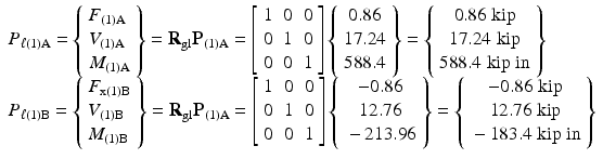 $$ \begin{array}{l}{P}_{\ell (1)\mathrm{A}}=\left\{\begin{array}{l}{F}_{(1)\mathrm{A}}\\ {}{V}_{(1)\mathrm{A}}\\ {}{M}_{(1)\mathrm{A}}\end{array}\right\}={\mathbf{R}}_{\mathrm{gl}}{\mathbf{P}}_{(1)\mathrm{A}}=\left[\begin{array}{ccc}\hfill 1\hfill & \hfill 0\hfill & \hfill 0\hfill \\ {}\hfill 0\hfill & \hfill 1\hfill & \hfill 0\hfill \\ {}\hfill 0\hfill & \hfill 0\hfill & \hfill 1\hfill \end{array}\right]\left\{\begin{array}{c}\hfill 0.86\hfill \\ {}\hfill 17.24\hfill \\ {}\hfill 588.4\hfill \end{array}\right\}=\left\{\begin{array}{c}\hfill 0.86\;\mathrm{kip}\hfill \\ {}\hfill 17.24\;\mathrm{kip}\hfill \\ {}\hfill 588.4\;\mathrm{kip}\;\mathrm{in}\hfill \end{array}\right\}\\ {}\hfill {P}_{\ell (1)\mathrm{B}}=\left\{\begin{array}{l}{F}_{\mathrm{x}(1)\mathrm{B}}\\ {}{V}_{(1)\mathrm{B}}\\ {}{M}_{(1)\mathrm{B}}\end{array}\right\}={\mathbf{R}}_{\mathrm{gl}}{\mathbf{P}}_{(1)\mathrm{A}}=\left[\begin{array}{ccc}\hfill 1\hfill & \hfill 0\hfill & \hfill 0\hfill \\ {}\hfill 0\hfill & \hfill 1\hfill & \hfill 0\hfill \\ {}\hfill 0\hfill & \hfill 0\hfill & \hfill 1\hfill \end{array}\right]\left\{\begin{array}{c}\hfill -0.86\hfill \\ {}\hfill 12.76\hfill \\ {}\hfill -213.96\hfill \end{array}\right\}=\left\{\begin{array}{c}\hfill -0.86\;\mathrm{kip}\hfill \\ {}\hfill 12.76\;\mathrm{kip}\hfill \\ {}\hfill -183.4\;\mathrm{kip}\;\mathrm{in}\hfill \end{array}\right\}\hfill \end{array} $$