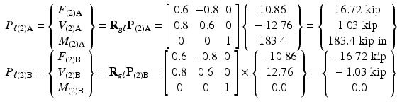 $$ \begin{array}{l}{P}_{\ell (2)\mathrm{A}}=\left\{\begin{array}{l}{F}_{(2)\mathrm{A}}\\ {}{V}_{(2)\mathrm{A}}\\ {}{M}_{(2)\mathrm{A}}\end{array}\right\}={\mathbf{R}}_{g\ell }{\mathbf{P}}_{(2)\mathrm{A}}=\left[\begin{array}{ccc}\hfill 0.6\hfill & \hfill -0.8\hfill & \hfill 0\hfill \\ {}\hfill 0.8\hfill & \hfill 0.6\hfill & \hfill 0\hfill \\ {}\hfill 0\hfill & \hfill 0\hfill & \hfill 1\hfill \end{array}\right]\left\{\begin{array}{c}\hfill 10.86\hfill \\ {}\hfill -12.76\hfill \\ {}\hfill 183.4\hfill \end{array}\right\}=\left\{\begin{array}{c}\hfill 16.72\;\mathrm{kip}\hfill \\ {}\hfill 1.03\;\mathrm{kip}\hfill \\ {}\hfill 183.4\;\mathrm{kip}\;\mathrm{in}\hfill \end{array}\right\}\hfill \\ {}{P}_{\ell (2)\mathrm{B}}=\left\{\begin{array}{l}{F}_{(2)\mathrm{B}}\\ {}{V}_{(2)\mathrm{B}}\\ {}{M}_{(2)\mathrm{B}}\end{array}\right\}={\mathbf{R}}_{g\ell }{\mathbf{P}}_{(2)\mathrm{B}}=\left[\begin{array}{ccc}\hfill 0.6\hfill & \hfill -0.8\hfill & \hfill 0\hfill \\ {}\hfill 0.8\hfill & \hfill 0.6\hfill & \hfill 0\hfill \\ {}\hfill 0\hfill & \hfill 0\hfill & \hfill 1\hfill \end{array}\right]\times \left\{\begin{array}{c}\hfill -10.86\hfill \\ {}\hfill 12.76\hfill \\ {}\hfill 0.0\hfill \end{array}\right\}=\left\{\begin{array}{c}\hfill -16.72\;\mathrm{kip}\hfill \\ {}\hfill -1.03\;\mathrm{kip}\hfill \\ {}\hfill 0.0\hfill \end{array}\right\}\hfill \end{array} $$