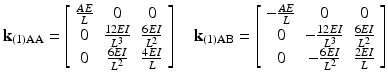 $$ {\mathbf{k}}_{(1)\mathrm{AA}}=\left[\begin{array}{ccc}\hfill \frac{AE}{L}\hfill & \hfill 0\hfill & \hfill 0\hfill \\ {}\hfill 0\hfill & \hfill \frac{12EI}{L^3}\hfill & \hfill \frac{6EI}{L^2}\hfill \\ {}\hfill 0\hfill & \hfill \frac{6EI}{L^2}\hfill & \hfill \frac{4EI}{L}\hfill \end{array}\right]\kern1em {\mathbf{k}}_{(1)\mathrm{AB}}=\left[\begin{array}{ccc}\hfill -\frac{AE}{L}\hfill & \hfill 0\hfill & \hfill 0\hfill \\ {}\hfill 0\hfill & \hfill -\frac{12EI}{L^3}\hfill & \hfill \frac{6EI}{L^2}\hfill \\ {}\hfill 0\hfill & \hfill -\frac{6EI}{L^2}\hfill & \hfill \frac{2EI}{L}\hfill \end{array}\right] $$