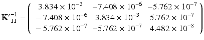 $$ {{\mathbf{K}}^{\mathbf{\prime}}}_{11}^{-1}=\left(\begin{array}{ccc}\hfill 3.834\times {10}^{-3}\hfill & \hfill -7.408\times {10}^{-6}\hfill & \hfill -5.762\times {10}^{-7}\hfill \\ {}\hfill -7.408\times {10}^{-6}\hfill & \hfill 3.834\times {10}^{-3}\hfill & \hfill 5.762\times {10}^{-7}\hfill \\ {}\hfill -5.762\times {10}^{-7}\hfill & \hfill -5.762\times {10}^{-7}\hfill & \hfill 4.482\times {10}^{-8}\hfill \end{array}\right) $$