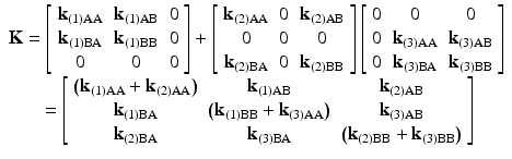 $$ \begin{array}{c}\mathbf{K}=\left[\begin{array}{ccc}\hfill {\mathbf{k}}_{(1)\mathrm{AA}}\hfill & \hfill {\mathbf{k}}_{(1)\mathrm{AB}}\hfill & \hfill 0\hfill \\ {}\hfill {\mathbf{k}}_{(1)\mathrm{B}\mathrm{A}}\hfill & \hfill {\mathbf{k}}_{(1)\mathrm{B}\mathrm{B}}\hfill & \hfill 0\hfill \\ {}\hfill 0\hfill & \hfill 0\hfill & \hfill 0\hfill \end{array}\right]+\left[\begin{array}{ccc}\hfill {\mathbf{k}}_{(2)\mathrm{AA}}\hfill & \hfill 0\hfill & \hfill {\mathbf{k}}_{(2)\mathrm{AB}}\hfill \\ {}\hfill 0\hfill & \hfill 0\hfill & \hfill 0\hfill \\ {}\hfill {\mathbf{k}}_{(2)\mathrm{B}\mathrm{A}}\hfill & \hfill 0\hfill & \hfill {\mathbf{k}}_{(2)\mathrm{B}\mathrm{B}}\hfill \end{array}\right]\left[\begin{array}{ccc}\hfill 0\hfill & \hfill 0\hfill & \hfill 0\hfill \\ {}\hfill 0\hfill & \hfill {\mathbf{k}}_{(3)\mathrm{AA}}\hfill & \hfill {\mathbf{k}}_{(3)\mathrm{AB}}\hfill \\ {}\hfill 0\hfill & \hfill {\mathbf{k}}_{(3)\mathrm{B}\mathrm{A}}\hfill & \hfill {\mathbf{k}}_{(3)\mathrm{B}\mathrm{B}}\hfill \end{array}\right]\\ {} =\left[\begin{array}{ccc}\hfill \left({\mathbf{k}}_{(1)\mathrm{AA}}+{\mathbf{k}}_{(2)\mathrm{AA}}\right)\hfill & \hfill {\mathbf{k}}_{(1)\mathrm{AB}}\hfill & \hfill {\mathbf{k}}_{(2)\mathrm{AB}}\hfill \\ {}\hfill {\mathbf{k}}_{(1)\mathrm{B}\mathrm{A}}\hfill & \hfill \left({\mathbf{k}}_{(1)\mathrm{B}\mathrm{B}}+{\mathbf{k}}_{(3)\mathrm{AA}}\right)\hfill & \hfill {\mathbf{k}}_{(3)\mathrm{AB}}\hfill \\ {}\hfill {\mathbf{k}}_{(2)\mathrm{B}\mathrm{A}}\hfill & \hfill {\mathbf{k}}_{(3)\mathrm{B}\mathrm{A}}\hfill & \hfill \left({\mathbf{k}}_{(2)\mathrm{B}\mathrm{B}}+{\mathbf{k}}_{(3)\mathrm{B}\mathrm{B}}\right)\hfill \end{array}\right]\end{array} $$