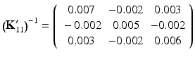 $$ {\left({\mathbf{K}}_{11}^{\mathbf{\prime}}\right)}^{-1}=\left(\begin{array}{ccc}\hfill 0.007\hfill & \hfill -0.002\hfill & \hfill 0.003\hfill \\ {}\hfill -0.002\hfill & \hfill 0.005\hfill & \hfill -0.002\hfill \\ {}\hfill 0.003\hfill & \hfill -0.002\hfill & \hfill 0.006\hfill \end{array}\right) $$