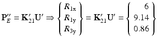 $$ {\mathbf{P}}_E^{\mathbf{{\prime\prime}}}={\mathbf{K}}_{21}^{\mathbf{\prime}}{\mathbf{U}}^{\mathbf{\prime}}\Rightarrow \left\{\begin{array}{l}{R}_{1\mathrm{x}}\\ {}{R}_{1\mathrm{y}}\\ {}{R}_{3\mathrm{y}}\end{array}\right\}={\mathbf{K}}_{21}^{\mathbf{\prime}}{\mathbf{U}}^{\mathbf{\prime}}=\left\{\begin{array}{r}6\\ {}9.14\\ {}0.86\end{array}\right\} $$