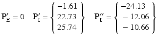 $$ {\mathbf{P}}_{\mathrm{E}}^{\mathbf{\prime}}=0\kern1em {\mathbf{P}}_{\mathrm{I}}^{\mathbf{\prime}}=\left\{\begin{array}{l}-1.61\\ {}22.73\\ {}25.74\end{array}\right\}\kern1em {\mathbf{P}}_{\mathbf{I}}^{\mathbf{{\prime\prime}}}=\left\{\begin{array}{l}-24.13\\ {}-12.06\\ {}-10.66\end{array}\right\} $$