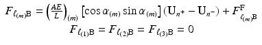 $$ \begin{array}{c}{F}_{\ell_{(m)}\mathrm{B}}={\left(\frac{AE}{L}\right)}_{(m)}\left[ \cos {\alpha}_{(m)} \sin {\alpha}_{(m)}\right]\left({\mathbf{U}}_{n^{+}}-{\mathbf{U}}_{n^{-}}\right)+{F}_{{}_{\ell_{(m)}\mathrm{B}}}^{\mathrm{F}}\\ {} {F}_{\ell_{(1)}\mathrm{B}}={F}_{\ell_{(2)}\mathrm{B}}={F}_{\ell_{(3)}\mathrm{B}}=0\end{array} $$