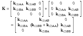 $$ \begin{array}{c}\mathbf{K}=\left[\begin{array}{ccc}\hfill {\mathbf{k}}_{(1)\mathrm{AA}}\hfill & \hfill {\mathbf{k}}_{(1)\mathrm{AB}}\hfill & \hfill 0\hfill \\ {}\hfill {\mathbf{k}}_{(1)\mathrm{B}\mathrm{A}}\hfill & \hfill {\mathbf{k}}_{(1)\mathrm{B}\mathrm{B}}\hfill & \hfill 0\hfill \\ {}\hfill 0\hfill & \hfill 0\hfill & \hfill 0\hfill \end{array}\right]+\left[\begin{array}{ccc}\hfill 0\hfill & \hfill 0\hfill & \hfill 0\hfill \\ {}\hfill 0\hfill & \hfill {\mathbf{k}}_{(2)\mathrm{AA}}\hfill & \hfill {\mathbf{k}}_{(2)\mathrm{AB}}\hfill \\ {}\hfill 0\hfill & \hfill {\mathbf{k}}_{(2)\mathrm{B}\mathrm{A}}\hfill & \hfill {\mathbf{k}}_{(2)\mathrm{B}\mathrm{B}}\hfill \end{array}\right]\\ {} =\left[\begin{array}{ccc}\hfill {\mathbf{k}}_{(1)\mathrm{AA}}\hfill & \hfill {\mathbf{k}}_{(1)\mathrm{AB}}\hfill & \hfill 0\hfill \\ {}\hfill {\mathbf{k}}_{(1)\mathrm{B}\mathrm{A}}\hfill & \hfill \left({\mathbf{k}}_{(1)\mathrm{B}\mathrm{B}}+{\mathbf{k}}_{(2)\mathrm{AA}}\right)\hfill & \hfill {\mathbf{k}}_{(2)\mathrm{AB}}\hfill \\ {}\hfill 0\hfill & \hfill {\mathbf{k}}_{(2)\mathrm{B}\mathrm{A}}\hfill & \hfill {\mathbf{k}}_{(2)\mathrm{B}\mathrm{B}}\hfill \end{array}\right]\end{array} $$