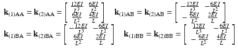 $$ \begin{array}{l}{\mathbf{k}}_{(1)\mathrm{AA}}={\mathbf{k}}_{(2)\mathrm{AA}}=\left[\begin{array}{cc}\hfill \frac{12EI}{L^3}\hfill & \hfill \frac{6EI}{L^2}\hfill \\ {}\hfill \frac{6EI}{L^2}\hfill & \hfill \frac{4EI}{L}\hfill \end{array}\right]\kern1em {\mathbf{k}}_{(1)\mathrm{AB}}={\mathbf{k}}_{(2)\mathrm{AB}}=\left[\begin{array}{cc}\hfill -\frac{12EI}{L^3}\hfill & \hfill -\frac{6EI}{L^2}\hfill \\ {}\hfill -\frac{6EI}{L^2}\hfill & \hfill \frac{2EI}{L}\hfill \end{array}\right]\\ {}{\mathbf{k}}_{(1)\mathrm{B}\mathrm{A}}={\mathbf{k}}_{(2)\mathrm{B}\mathrm{A}}=\left[\begin{array}{cc}\hfill -\frac{12EI}{L^3}\hfill & \hfill -\frac{6EI}{L^2}\hfill \\ {}\hfill \frac{6EI}{L^2}\hfill & \hfill \frac{2EI}{L}\hfill \end{array}\right]\kern1em {\mathbf{k}}_{(1)\mathrm{B}\mathrm{B}}={\mathbf{k}}_{(2)\mathrm{B}\mathrm{B}}=\left[\begin{array}{cc}\hfill \frac{12EI}{L^3}\hfill & \hfill -\frac{6EI}{L^2}\hfill \\ {}\hfill -\frac{6EI}{L^2}\hfill & \hfill \frac{4EI}{L}\hfill \end{array}\right]\end{array} $$