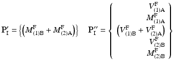 $$ {\mathbf{P}}_{\mathrm{I}}^{\mathbf{\prime}}=\left\{\left({M}_{(1)\mathrm{B}}^{\mathrm{F}}+{M}_{(2)\mathrm{A}}^{\mathrm{F}}\right)\right\}\kern1em {\mathbf{P}}_{\mathrm{I}}^{\mathbf{{\prime\prime}}}=\left\{\begin{array}{r}{V}_{(1)\mathrm{A}}^{\mathrm{F}}\\ {}{M}_{(1)\mathrm{A}}^{\mathrm{F}}\\ {}\left({V}_{(1)\mathrm{B}}^{\mathrm{F}}+{V}_{(2)\mathrm{A}}^{\mathrm{F}}\right)\\ {}{V}_{(2)\mathrm{B}}^{\mathrm{F}}\\ {}{M}_{(2)\mathrm{B}}^{\mathrm{F}}\end{array}\right\} $$