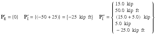 $$ {\mathbf{P}}_{\mathrm{E}}^{\mathbf{\prime}}=\left\{0\right\}\kern1em {\mathbf{P}}_{\mathrm{I}}^{\mathbf{\prime}}=\left\{\left(-50+25\right)\right\}=\left\{-25\kern0.5em \mathrm{kip}\kern0.5em \mathrm{ft}\right\}\kern1em {\mathbf{P}}_{\mathrm{I}}^{\mathbf{{\prime\prime}}}=\left\{\begin{array}{l}15.0\kern0.5em \mathrm{kip}\\ {}50.0\kern0.5em \mathrm{kip}\kern0.5em \mathrm{ft}\\ {}\left(15.0+5.0\right)\kern0.5em \mathrm{kip}\\ {}5.0\kern0.5em \mathrm{kip}\\ {}-25.0\kern0.5em \mathrm{kip}\kern0.5em \mathrm{ft}\end{array}\right\} $$