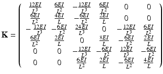 $$ \mathbf{K}=\left(\begin{array}{cccccc}\hfill \frac{12EI}{L^3}\hfill & \hfill \frac{6EI}{L^2}\hfill & \hfill -\frac{12EI}{L^3}\hfill & \hfill \frac{6EI}{L^2}\hfill & \hfill 0\hfill & \hfill 0\hfill \\ {}\hfill \frac{6EI}{L^2}\hfill & \hfill \frac{4EI}{L}\hfill & \hfill -\frac{6EI}{L^2}\hfill & \hfill \frac{2EI}{L}\hfill & \hfill 0\hfill & \hfill 0\hfill \\ {}\hfill -\frac{12EI}{L^3}\hfill & \hfill -\frac{6EI}{L^2}\hfill & \hfill \frac{24EI}{L^3}\hfill & \hfill 0\hfill & \hfill -\frac{12EI}{L^3}\hfill & \hfill \frac{6EI}{L^2}\hfill \\ {}\hfill \frac{6EI}{L^2}\hfill & \hfill \frac{2EI}{L}\hfill & \hfill 0\hfill & \hfill \frac{8EI}{L}\hfill & \hfill -\frac{6EI}{L^2}\hfill & \hfill \frac{2EI}{L}\hfill \\ {}\hfill 0\hfill & \hfill 0\hfill & \hfill -\frac{12EI}{L^3}\hfill & \hfill -\frac{6EI}{L^2}\hfill & \hfill \frac{12EI}{L^3}\hfill & \hfill -\frac{6EI}{L^2}\hfill \\ {}\hfill 0\hfill & \hfill 0\hfill & \hfill \frac{6EI}{L^2}\hfill & \hfill \frac{2EI}{L}\hfill & \hfill -\frac{6EI}{L^2}\hfill & \hfill \frac{4EI}{L}\hfill \end{array}\right) $$