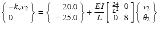 $$ \left\{\begin{array}{l}-{k}_{\mathrm{v}}{v}_2\hfill \\ {}0\hfill \end{array}\right\}=\left\{\begin{array}{r}\hfill 20.0\\ {}\hfill -25.0\end{array}\right\}+\frac{EI}{L}\left[\begin{array}{cc}\hfill \frac{24}{L^2}\hfill & \hfill 0\hfill \\ {}\hfill 0\hfill & \hfill 8\hfill \end{array}\right]\left\{\begin{array}{c}\hfill {v}_2\hfill \\ {}\hfill {\theta}_2\hfill \end{array}\right\} $$