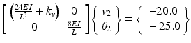 $$ \left[\begin{array}{cc}\hfill \left(\frac{24EI}{L^3}+{k}_v\right)\hfill & \hfill 0\hfill \\ {}\hfill 0\hfill & \hfill \frac{8EI}{L}\hfill \end{array}\right]\left\{\begin{array}{c}\hfill {v}_2\hfill \\ {}\hfill {\theta}_2\hfill \end{array}\right\}=\left\{\begin{array}{c}\hfill -20.0\hfill \\ {}\hfill +25.0\hfill \end{array}\right\} $$