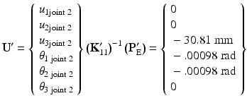 $$ {\mathbf{U}}^{\mathbf{\prime}}=\left\{\begin{array}{l}{u}_{1\mathrm{joint}\;2}\\ {}{u}_{2\mathrm{joint}\;2}\\ {}{u}_{3\mathrm{joint}\;2}\\ {}{\theta}_{1\;\mathrm{joint}\;2}\\ {}{\theta}_{2\;\mathrm{joint}\;2}\\ {}{\theta}_{3\;\mathrm{joint}\;2}\end{array}\right\}{\left({\mathbf{K}}_{11}^{\mathbf{\prime}}\right)}^{-1}\left({\mathbf{P}}_{\mathrm{E}}^{\mathbf{\prime}}\right)=\left\{\begin{array}{l}0\\ {}0\\ {}-30.81\ \mathrm{mm}\\ {}-.00098\ \mathrm{rad}\\ {}-.00098\ \mathrm{rad}\\ {}0\end{array}\right\} $$