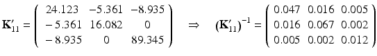 $$ {\mathbf{K}}_{11}^{\mathbf{\prime}}=\left(\begin{array}{ccc}\hfill 24.123\hfill & \hfill -5.361\hfill & \hfill -8.935\hfill \\ {}\hfill -5.361\hfill & \hfill 16.082\hfill & \hfill 0\hfill \\ {}\hfill -8.935\hfill & \hfill 0\hfill & \hfill 89.345\hfill \end{array}\right)\kern1em \Rightarrow \kern1em {\left({\mathbf{K}}_{11}^{\mathbf{\prime}}\right)}^{-1}=\left(\begin{array}{ccc}\hfill 0.047\hfill & \hfill 0.016\hfill & \hfill 0.005\hfill \\ {}\hfill 0.016\hfill & \hfill 0.067\hfill & \hfill 0.002\hfill \\ {}\hfill 0.005\hfill & \hfill 0.002\hfill & \hfill 0.012\hfill \end{array}\right) $$