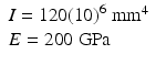 $$ \begin{array}{l}I=120{(10)}^6\;{\mathrm{mm}}^4\\ {}E=200\;\mathrm{GPa}\end{array} $$