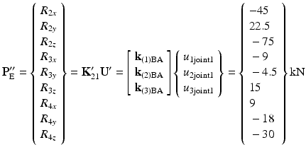 $$ {\mathbf{P}}_{\mathrm{E}}^{\mathbf{{\prime\prime}}}=\left\{\begin{array}{l}{R}_{2x}\\ {}{R}_{2y}\\ {}{R}_{2z}\\ {}{R}_{3x}\\ {}{R}_{3y}\\ {}{R}_{3z}\\ {}{R}_{4x}\\ {}{R}_{4y}\\ {}{R}_{4z}\end{array}\right\}={\mathbf{K}}_{21}^{\mathbf{\prime}}{\mathbf{U}}^{\mathbf{\prime}}=\left[\begin{array}{l}{\mathbf{k}}_{(1)\mathrm{BA}}\\ {}{\mathbf{k}}_{(2)\mathrm{BA}}\\ {}{\mathbf{k}}_{(3)\mathrm{BA}}\end{array}\right]\left\{\begin{array}{l}{u}_{1\mathrm{joint}1}\\ {}{u}_{2\mathrm{joint}1}\\ {}{u}_{3\mathrm{joint}1}\end{array}\right\}=\left\{\begin{array}{l}-45\\ {}22.5\\ {}-75\\ {}-9\\ {}-4.5\\ {}15\\ {}9\\ {}-18\\ {}-30\end{array}\right\}\mathrm{k}\mathrm{N} $$