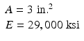 $$ \begin{array}{l}A=3\;\mathrm{i}\mathrm{n}{.}^2\\ {}E=29,000\;\mathrm{k}\mathrm{s}\mathrm{i}\end{array} $$