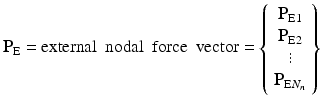 $$ {\mathbf{P}}_{\mathrm{E}}=\mathrm{external}\kern0.5em \mathrm{nodal}\kern0.5em \mathrm{force}\kern0.5em \mathrm{vector}=\left\{\begin{array}{c}\hfill {\mathbf{P}}_{\mathrm{E}1}\hfill \\ {}\hfill {\mathbf{P}}_{\mathrm{E}2}\hfill \\ {}\hfill \vdots \hfill \\ {}\hfill {\mathbf{P}}_{\mathrm{E}{N}_n}\hfill \end{array}\right\} $$