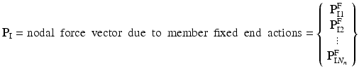 $$ {\mathbf{P}}_{\mathrm{I}}=\mathrm{nodal}\kern0.5em \mathrm{force}\kern0.5em \mathrm{vector}\kern0.5em \mathrm{due}\kern0.5em \mathrm{t}\mathrm{o}\kern0.5em \mathrm{member}\kern0.5em \mathrm{fixed}\kern0.5em \mathrm{end}\kern0.5em \mathrm{actions}=\left\{\begin{array}{c}\hfill {\mathbf{P}}_{\mathrm{I}1}^{\mathrm{F}}\hfill \\ {}\hfill {\mathbf{P}}_{\mathrm{I}2}^{\mathrm{F}}\hfill \\ {}\hfill \vdots \hfill \\ {}\hfill {\mathbf{P}}_{\mathrm{I}{N}_n}^{\mathrm{F}}\hfill \end{array}\right\} $$
