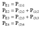 $$ \begin{array}{l}{\mathbf{P}}_{\mathrm{E}1}={\mathbf{P}}_{(1)1}\\ {}{\mathbf{P}}_{\mathrm{E}2}={\mathbf{P}}_{(2)2}+{\mathbf{P}}_{(1)2}\\ {}{\mathbf{P}}_{\mathrm{E}3}={\mathbf{P}}_{(2)3}+{\mathbf{P}}_{(3)3}\\ {}{\mathbf{P}}_{\mathrm{E}4}={\mathbf{P}}_{(3)4}\end{array} $$