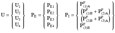 $$ \mathbf{U}=\left\{\begin{array}{c}\hfill {\mathbf{U}}_1\hfill \\ {}\hfill {\mathbf{U}}_2\hfill \\ {}\hfill {\mathbf{U}}_3\hfill \\ {}\hfill {\mathbf{U}}_4\hfill \end{array}\right\}\kern1em {\mathbf{P}}_{\mathrm{E}}=\left\{\begin{array}{c}\hfill {\mathbf{P}}_{\mathrm{E}1}\hfill \\ {}\hfill {\mathbf{P}}_{\mathrm{E}2}\hfill \\ {}\hfill {\mathbf{P}}_{\mathrm{E}3}\hfill \\ {}\hfill {\mathbf{P}}_{\mathrm{E}4}\hfill \end{array}\right\}\kern1.1em {\mathbf{P}}_{\mathrm{I}}=\left\{\begin{array}{l}{\mathbf{P}}_{(1)\mathrm{A}}^{\mathrm{F}}\\ {}\left({\mathbf{P}}_{(1)\mathrm{B}}^{\mathrm{F}}+{\mathbf{P}}_{(2)\mathrm{A}}^{\mathrm{F}}\right)\\ {}\left({\mathbf{P}}_{(2)\mathrm{B}}^{\mathrm{F}}+{\mathbf{P}}_{(3)\mathrm{A}}^{\mathrm{F}}\right)\\ {}{\mathbf{P}}_{(3)\mathrm{B}}^{\mathrm{F}}\end{array}\right\} $$