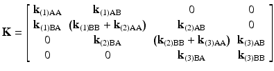 $$ \mathbf{K}=\left[\begin{array}{cccc}\hfill {\mathbf{k}}_{(1)\mathrm{AA}}\hfill & \hfill {\mathbf{k}}_{(1)\mathrm{AB}}\hfill & \hfill 0\hfill & \hfill 0\hfill \\ {}\hfill {\mathbf{k}}_{(1)\mathrm{B}\mathrm{A}}\hfill & \hfill \left({\mathbf{k}}_{(1)\mathrm{B}\mathrm{B}}+{\mathbf{k}}_{(2)\mathrm{AA}}\right)\hfill & \hfill {\mathbf{k}}_{(2)\mathrm{AB}}\hfill & \hfill 0\hfill \\ {}\hfill 0\hfill & \hfill {\mathbf{k}}_{(2)\mathrm{B}\mathrm{A}}\hfill & \hfill \left({\mathbf{k}}_{(2)\mathrm{B}\mathrm{B}}+{\mathbf{k}}_{(3)\mathrm{AA}}\right)\hfill & \hfill {\mathbf{k}}_{(3)\mathrm{AB}}\hfill \\ {}\hfill 0\hfill & \hfill 0\hfill & \hfill {\mathbf{k}}_{(3)\mathrm{B}\mathrm{A}}\hfill & \hfill {\mathbf{k}}_{(3)\mathrm{B}\mathrm{B}}\hfill \end{array}\right] $$