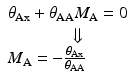 $$ \begin{array}{l}{\theta}_{\mathrm{A}\mathrm{x}}+{\theta}_{\mathrm{A}\mathrm{A}}{M}_{\mathrm{A}}=0\\ {}\kern3.5em \Downarrow \\ {}{M}_{\mathrm{A}}=-\frac{\theta_{\mathrm{A}\mathrm{x}}}{\theta_{\mathrm{A}\mathrm{A}}}\end{array} $$