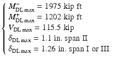 $$ \left\{\begin{array}{l}{M}_{\mathrm{DL} \max}^{-}=1975\;\mathrm{kip}\;\mathrm{ft}\hfill \\ {}{M}_{\mathrm{DL} \max}^{+}=1202\;\mathrm{kip}\;\mathrm{ft}\hfill \\ {}{V}_{\mathrm{DL} \max }=115.5\;\mathrm{kip}\hfill \\ {}{\delta}_{\mathrm{DL} \max }=1.1\;\mathrm{in}.\;\mathrm{span}\;\mathrm{I}\mathrm{I}\hfill \\ {}{\delta}_{\mathrm{DL} \max }=1.26\;\mathrm{in}.\;\mathrm{span}\;\mathrm{I}\;\mathrm{or}\;\mathrm{I}\mathrm{I}\mathrm{I}\hfill \end{array}\right. $$