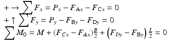 $$ \begin{array}{l}+\to {\displaystyle \sum {F}_x}={P}_x-{F}_{\mathrm{A}x}-{F}_{\mathrm{C}x}=0\\ {}+\uparrow {\displaystyle \sum {F}_y}={P}_y-{F}_{\mathrm{B}y}-{F}_{\mathrm{D}y}=0\\ {}{\displaystyle \sum {M}_0=M+\left({F}_{Cx}-{F}_{Ax}\right)}\frac{B}{2}+\left({F}_{Dy}-{F}_{\mathrm{B}y}\right)\frac{L}{2}=0\end{array} $$