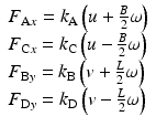 $$ \begin{array}{l}{F}_{\mathrm{A}x}={k}_{\mathrm{A}}\left(u+\frac{B}{2}\omega \right)\\ {}{F}_{\mathrm{C}x}={k}_{\mathrm{C}}\left(u-\frac{B}{2}\omega \right)\\ {}{F}_{\mathrm{B}y}={k}_{\mathrm{B}}\left(v+\frac{L}{2}\omega \right)\\ {}{F}_{\mathrm{D}y}={k}_{\mathrm{D}}\left(v-\frac{L}{2}\omega \right)\end{array} $$