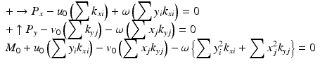 $$ \begin{array}{l}+\to {P}_x-{u}_0\left({\displaystyle \sum {k}_{xi}}\right)+\omega \left({\displaystyle \sum {y}_i}{k}_{xi}\right)=0\\ {}+\uparrow {P}_y-{v}_0\left({\displaystyle \sum {k}_{yj}}\right)-\omega \left({\displaystyle \sum {x}_j}{k}_{yj}\right)=0\hfill \\ {}{M}_0+{u}_0\left({\displaystyle \sum {y}_i}{k}_{xi}\right)-{v}_0\left({\displaystyle \sum {x}_j}{k}_{yj}\right)-\omega \left\{{\displaystyle \sum {y}_i^2}{k}_{xi}+{\displaystyle \sum {x}_j^2}{k}_{yj}\right\}=0\hfill \end{array} $$