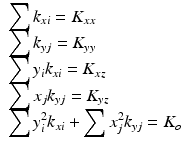 $$ \begin{array}{l}{\displaystyle \sum {k}_{xi}}={K}_{xx}\\ {}{\displaystyle \sum {k}_{yj}}={K}_{yy}\\ {}{\displaystyle \sum {y}_i}{k}_{xi}={K}_{xz}\\ {}{\displaystyle \sum {x}_j}{k}_{yj}={K}_{yz}\\ {}{\displaystyle \sum {y}_i^2}{k}_{xi}+{\displaystyle \sum {x}_j^2}{k}_{yj}={K}_o\end{array} $$