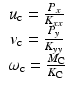 $$ \begin{array}{c}{u}_{\mathrm{c}}=\frac{P_x}{K_{xx}}\\ {}{v}_{\mathrm{c}}=\frac{P_y}{K_{yy}}\\ {}{\omega}_{\mathrm{c}}=\frac{M_{\mathrm{C}}}{K_{\mathrm{C}}}\end{array} $$