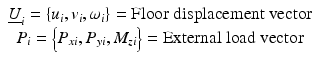 $$ \begin{array}{c}{\underline{U}}_i=\left\{{u}_i,{v}_i,{\omega}_i\right\}=\mathrm{Floor}\;\mathrm{displacement}\;\mathrm{vector}\\ {}{P}_i=\left\{{P}_{xi},{P}_{yi},{M}_{zi}\right\}=\mathrm{External}\;\mathrm{load}\;\mathrm{vector}\end{array} $$