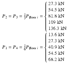 $$ \begin{array}{l}{P}_2={P}_3=\frac{1}{3}{P}_{\left|\mathrm{floor}\;i\right.}=\left\{\begin{array}{l}27.3\;\mathrm{k}\mathrm{N}\\ {}54.5\;\mathrm{k}\mathrm{N}\\ {}81.8\;\mathrm{k}\mathrm{N}\\ {}109\;\mathrm{k}\mathrm{N}\\ {}136.3\;\mathrm{k}\mathrm{N}\end{array}\right.\\ {}{P}_1={P}_4=\frac{1}{6}{P}_{\left|\mathrm{floor}\;i\right.}=\left\{\begin{array}{l}13.6\;\mathrm{k}\mathrm{N}\\ {}27.3\;\mathrm{k}\mathrm{N}\\ {}40.9\;\mathrm{k}\mathrm{N}\\ {}54.5\;\mathrm{k}\mathrm{N}\\ {}68.2\;\mathrm{k}\mathrm{N}\end{array}\right.\end{array} $$