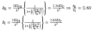 $$ \begin{array}{l}{k}_{\mathrm{E}}=\frac{3E{I}_{\mathrm{C}\mathrm{E}}}{h^3}\left\{\frac{1}{1+\frac{1}{2}\left(\frac{I_{\mathrm{C}\mathrm{E}}/h}{I_{\mathrm{b}}/L}\right)}\right\}=\frac{2.34E{I}_{\mathrm{C}}}{h^3}\Rightarrow \frac{k_{\mathrm{E}}}{k_{\mathrm{I}}}=0.89\\ {}{k}_{\mathrm{I}}=\frac{3E{I}_{\mathrm{C}\mathrm{I}}}{h^3}\left\{\frac{1}{1+\frac{1}{4}\left(\frac{I_{\mathrm{C}\mathrm{I}}/h}{I_{\mathrm{b}}/L}\right)}\right\}=\frac{2.63E{I}_{\mathrm{C}}}{h^3}\end{array} $$