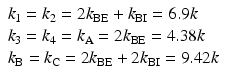 $$ \begin{array}{l}{k}_1={k}_2=2{k}_{\mathrm{B}\mathrm{E}}+{k}_{\mathrm{B}\mathrm{I}}=6.9k\\ {}{k}_3={k}_4={k}_{\mathrm{A}}=2{k}_{\mathrm{B}\mathrm{E}}=4.38k\\ {}{k}_{\mathrm{B}}={k}_{\mathrm{C}}=2{k}_{\mathrm{B}\mathrm{E}}+2{k}_{\mathrm{B}\mathrm{I}}=9.42k\end{array} $$