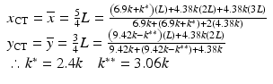 $$ \begin{array}{l}{x}_{\mathrm{CT}}=\overline{x}=\frac{5}{4}L=\frac{\left(6.9k+{k}^{*}\right)(L)+4.38k(2L)+4.38k(3L)}{6.9k+\left(6.9k+{k}^{*}\right)+2(4.38k)}\\ {}{y}_{\mathrm{CT}}=\overline{y}=\frac{3}{4}L=\frac{\left(9.42k-{k}^{**}\right)(L)+4.38k(2L)}{9.42k+\left(9.42k-{k}^{**}\right)+4.38k}\\ {}\therefore {k}^{*}=2.4k\kern1em {k}^{**}=3.06k\end{array} $$