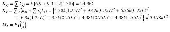 $$ \begin{array}{l}{K}_{yy}=\sum {k}_{yj}=k\left\{6.9+9.3+2(4.38)\right\}=24.96k\\ {}{K}_{\mathrm{o}}=\sum {y}_j^2{k}_{xi}+\sum {x}_j^2{k}_{yj}=\left\{4.38k{(1.25L)}^2+9.42k{(0.75L)}^2+6.36k{(0.25L)}^2\right\}\\ {}\kern2.4em +\left\{6.9k{(1.25L)}^2+9.3k{(0.25L)}^2+4.38k{(0.75L)}^2+4.38k{(1.75L)}^2\right\}=39.78k{L}^2\\ {}{M}_{\mathrm{o}}={P}_1\left(\frac{L}{4}\right)\end{array} $$